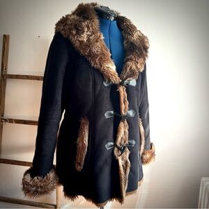 Coldwater Creek Faux Suede Hooded Coat with Faux Fur Trim and Lining